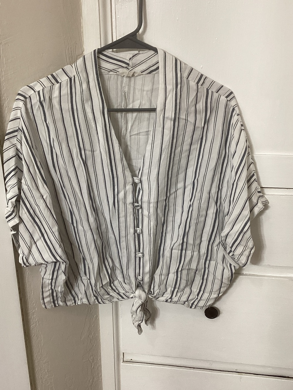 Striped Tie-Front Button Blouse - White & Navy
